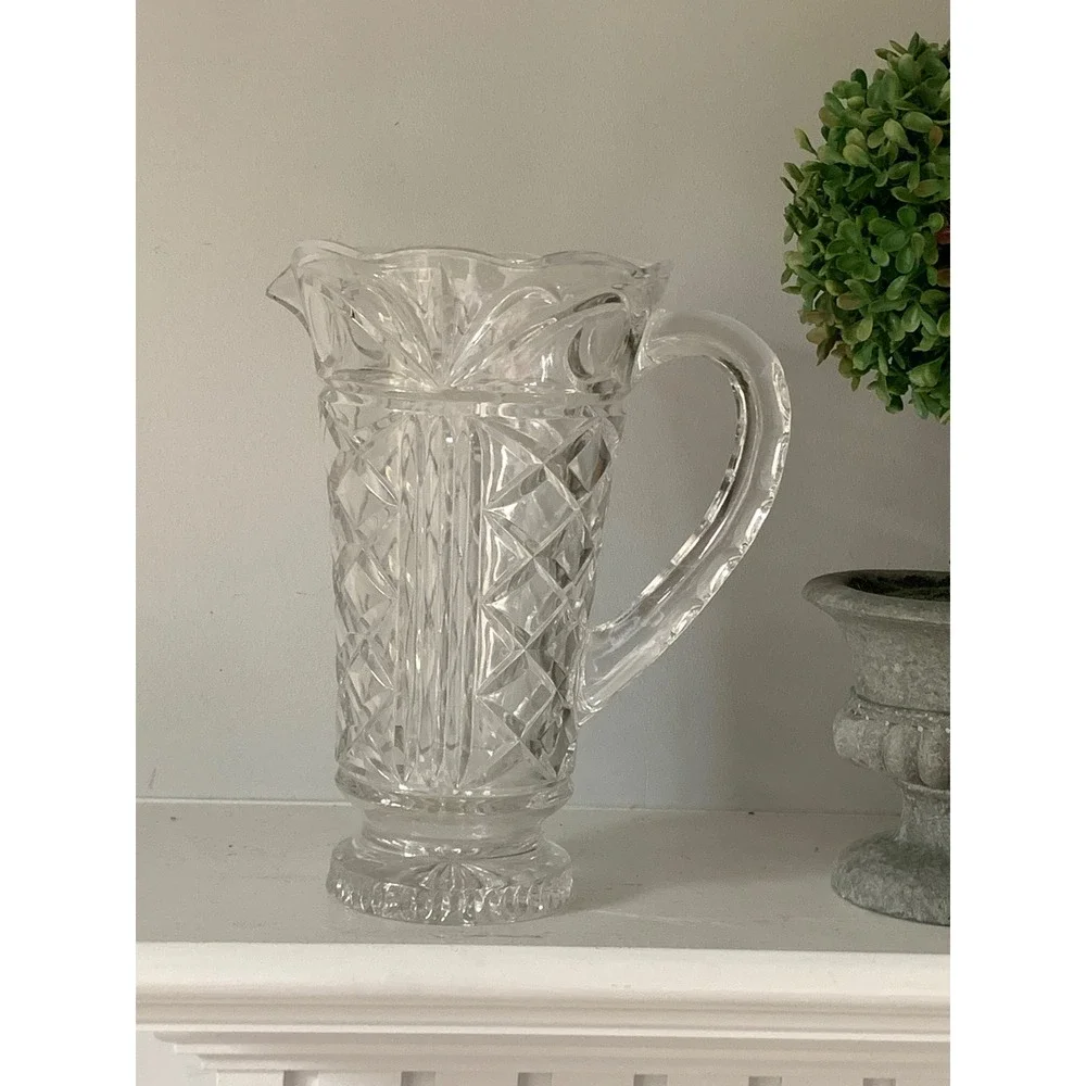 Vintage Cut Glass Crystal Pitcher Diamond Fan Pattern Scalloped Rim 9 Inch